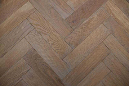 Solid Brushed London Grey Parquet Herringbone Block Oak 18 x 70