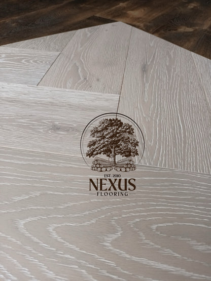 Brushed White Lacquered Herringbone Engineered Oak 14 x 3 x 150 Wood Flooring