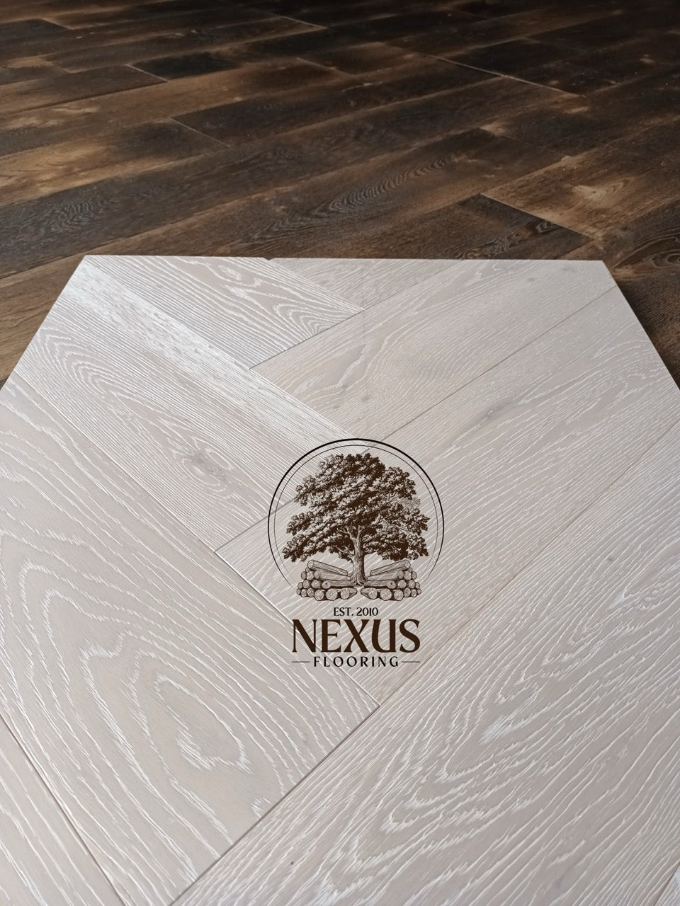 Brushed White Lacquered Herringbone Engineered Oak 14 x 3 x 150 Wood Flooring