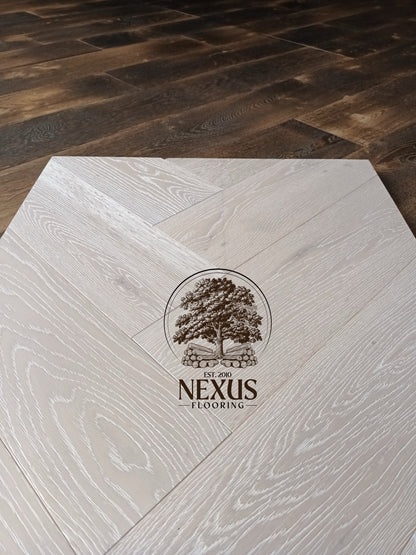 Brushed White Lacquered Herringbone Engineered Oak 14 x 3 x 150 Wood Flooring